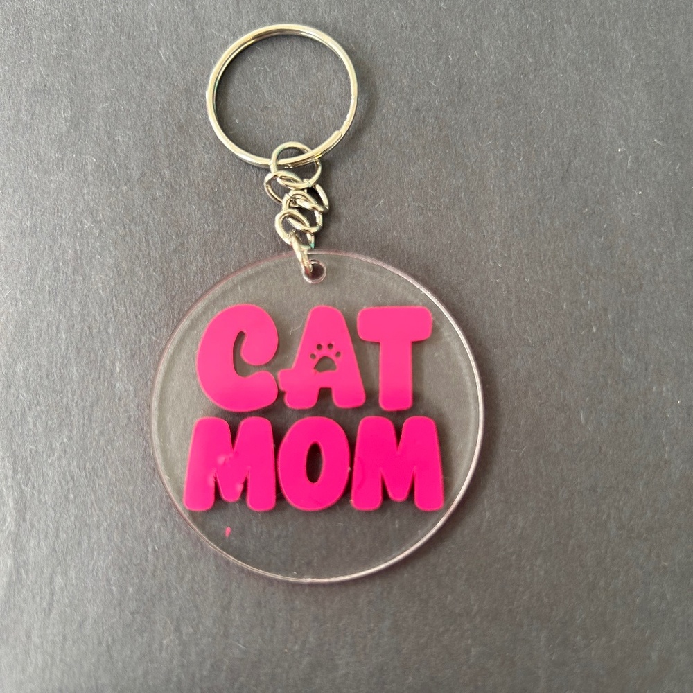 Handmade pink cat mom round acrylic keychain